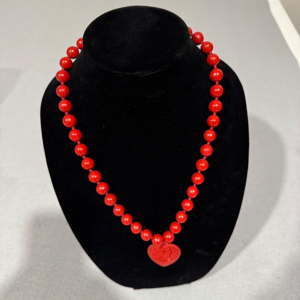 Vintage Chinese Export Cinnabar Necklace Women Red Carved Heart Rose Floral 23in